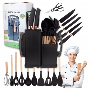 Zestaw noży kuchennych 19 elementów blok przybory silikonowe deska