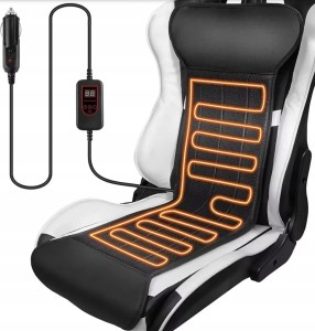 Mata grzewcza na fotel samochodowy Premium eko skóra 12V/24V z pilotem, szybkie nagrzewanie, 120x40 cm, czarna z czerwonymi przeszyciami